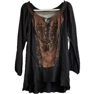 Embroidered Renaissance Tunic Top Women M Smocked Mesh‎ Beaded Festival